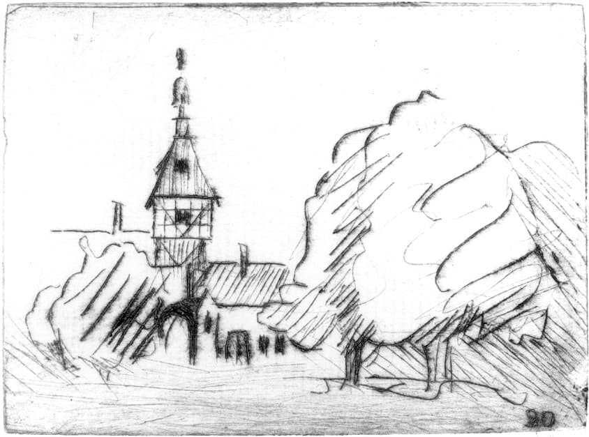 Gunter Langer, Landschaft Dorf mit Kirche, Bräunlingen, Kleinstadt, 1991, Radierung (Druckgrafik), Büttenpapier, 5 x 7 cm